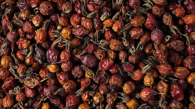 Dried rosehip berries, close-up. Dog rose or briar uses in alternative medicine. Healthy natural vitamin berries for tea and tinctures. 4K Video, Rotating