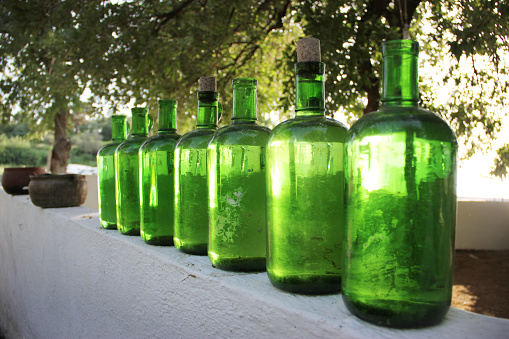 green bottles lined up side by side