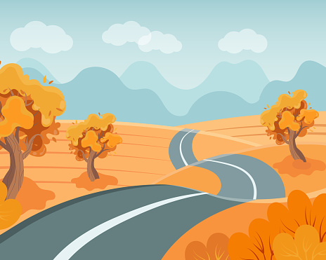 Road among fields and trees, going into the distance, autumn landscape. Illustration, clip art, vector