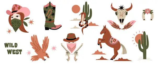 Vector illustration of Wild west. Western elements. American cowgirl and cowboy portrait. Horse and snake, cactus in desert, rodeo boots, gun and cow scull. Contemporary art vector cartoon flat isolated set