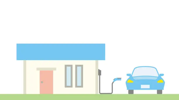 Vector illustration of Illustration of an electric car charging in a compact one-story house
