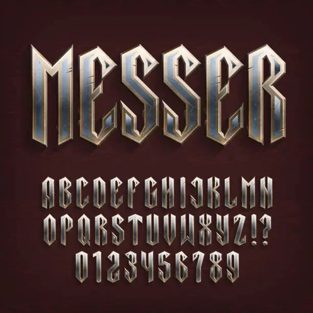 Vector illustration of Messer alphabet font. Damaged metal letters and numbers on a wooden background.