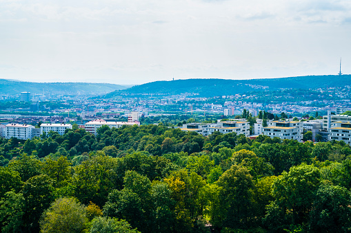 Germany, Stuttgart killesberg city  aerial panorama view above houses skyline buildings landscape trees in summer