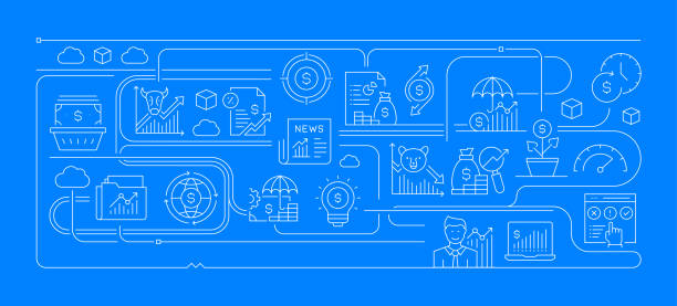 ilustraciones, imágenes clip art, dibujos animados e iconos de stock de diseño de banner de estilo de línea relacionado con la inversión para página web, titular, folleto, informe anual y portada de libro - interest rate finance financial page financial figures