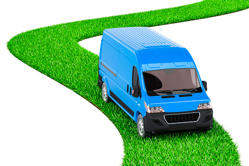 Delivery van on green grass way, 3D rendering isolated on white background