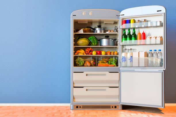 istock Opened fridge with food in interior, 3D rendering 1642380304