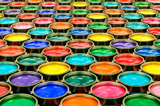 Paint cans, backdrop. 3D rendering