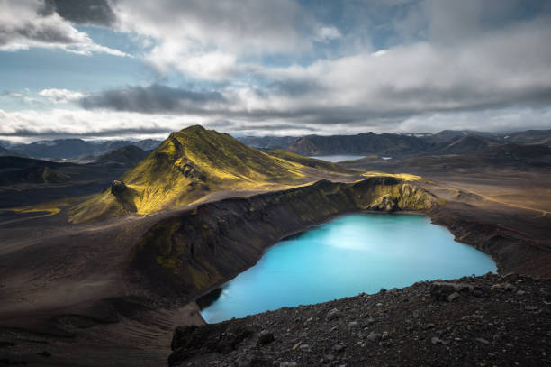 Colorful Blahylur crater lake in the south highlands of Iceland.