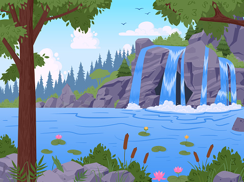 Waterfall landscape. Cartoon jungle scenery with waterfall, rocks and greenery, wild nature water flowing view flat vector illustration. Tropical water cascade background