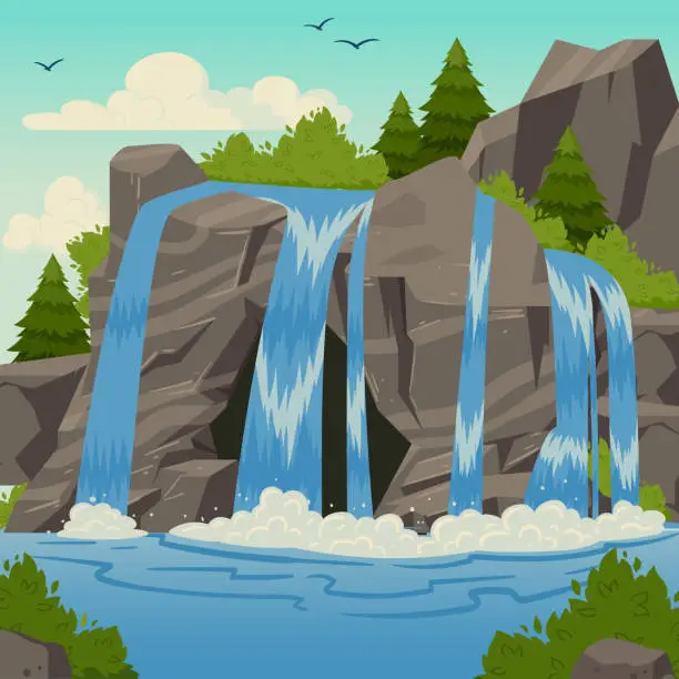 Vector illustration of Wild waterfall landscape. Cartoon mountain river waterfall with rocks and trees, seething water cascade flat vector illustration