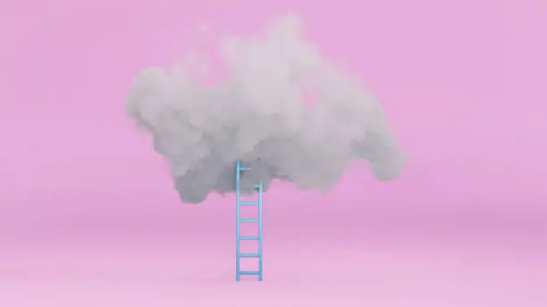 Lightblue ladder reaches up to a cloud. The background is a pink world. Concept of cloud computing, afterlife or career change.