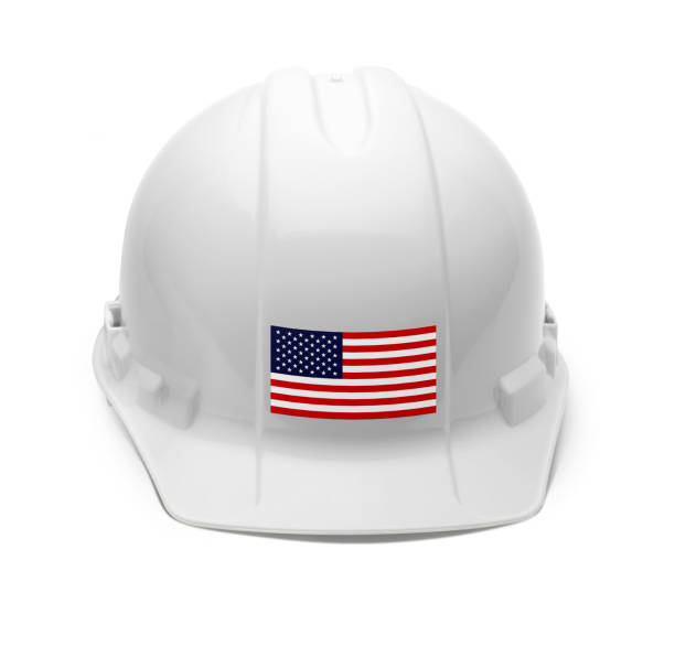 White Hardhat with an American Flag Decal on the Front Isolated on White Background.
