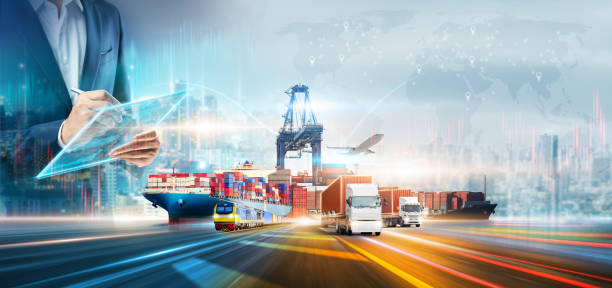 istock Innovation technology digital future of logistics freight transportation import export concept, Manager using tablet control online tracking cargo delivery distribution on city world map background 1642457355