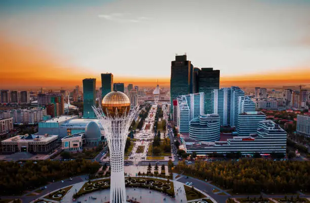 Aerial view of Baiterek monument - symbol of Kazakh people freedom duruing beautiful sunset