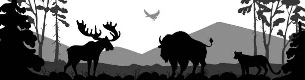 Vector illustration of North America landscape with silhouettes of animals, flat vector illustration.