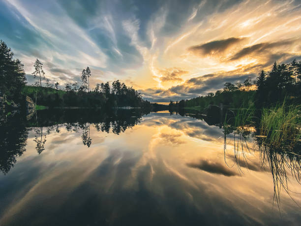 Beautiful sunset reflection over a lake in Boras, Sweden