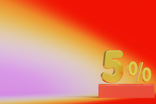 gold five percent on a pink background. 3d render illustration