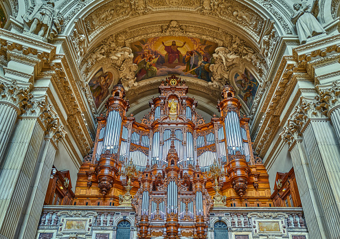 Berlin, Germany - Juky 31, 2019: The organ of the  Berlin Cathedral (Berliner Dom)