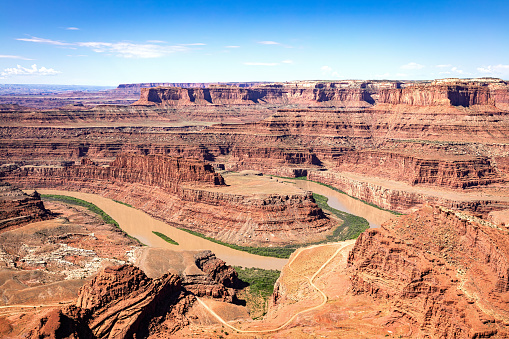 Panoramic view of the Colorado River Dead Horse Point State Park red butte landscape near Canyonlands National Park Utah in spring