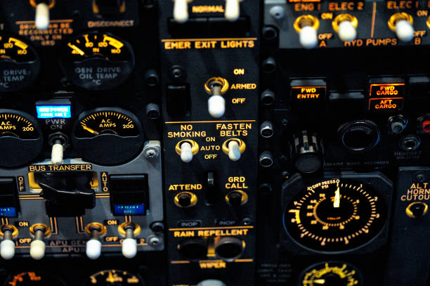 Night shot of the overhead panel inside the cockpit of a modern passenger jet.