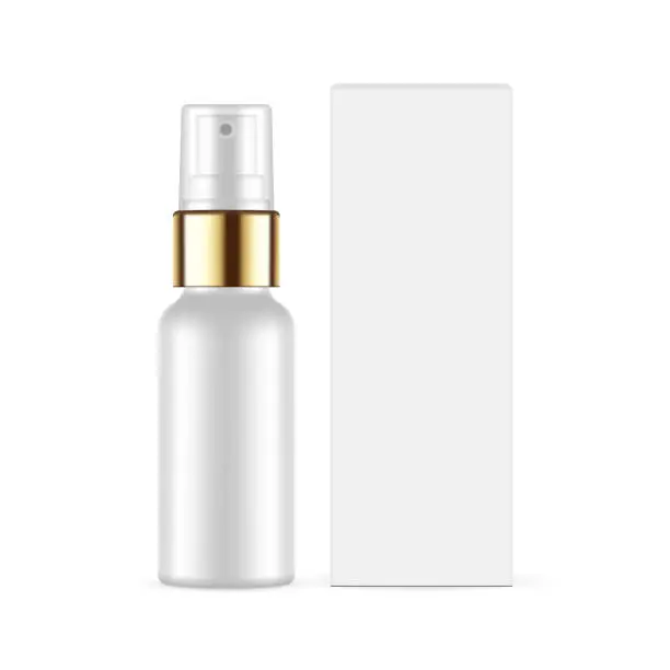 Vector illustration of Spray Bottle With Golden Cap, Packaging Box Mockup, Front View