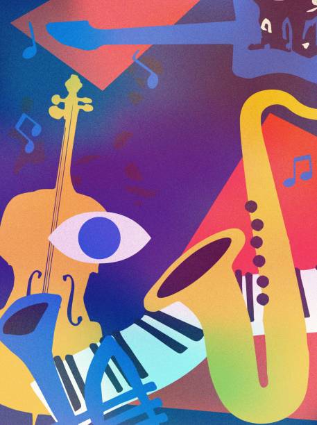 istock Modern music poster with abstract and minimalistic musical instruments assembled from colorful geometric forms and shapes. Vibrant musical collage with violoncello, sax, trumpet, guitar and piano 1642499833