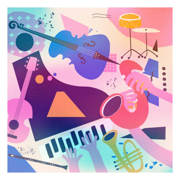 istock Multicolored hand-drawn jazz music session poster with piano, sax, guitar, trumpet and violoncello. Artsy promo flyer or invitation. Colorful concert event doodle background with musical instruments 1642499864