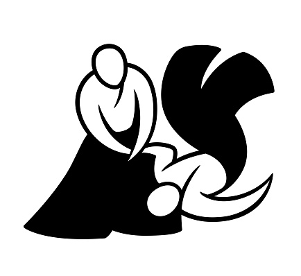 Aikido black and white minimal logo. Simple drawing of Japanese martial art. Vector illustration.