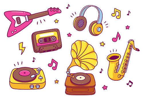 Cartoon music equipment and musical instruments drawings set. Modern and classical music, notes and sound. Cute hand drawn doodle style vector illustration.