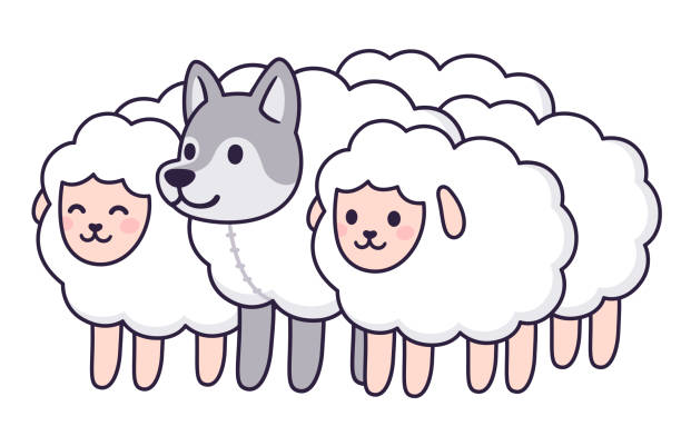 Cartoon Wolf in sheep's clothing Wolf in sheep's clothing. Cute cartoon flock of sheep and wolf in disguise. Funny vector clip art illustration. wolf in sheeps clothing stock illustrations
