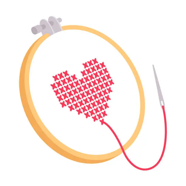 Vector illustration of Embroidery hoop, cross stitch heart drawing