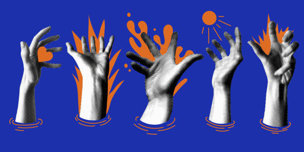 Set of halftone zombie hands Set of halftone silhouettes of zombie hands. Hands sticking out of grave. Hands gesture. Y2K style Halloween illustration. Newspaper parts. Halftone collage elements. Dotted pop art style. popart hand stock illustrations
