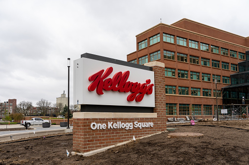 Kellogg's headquarters in Battle Creek, MI, USA - May 2, 2023. Kellogg's, is an American multinational food manufacturing company.