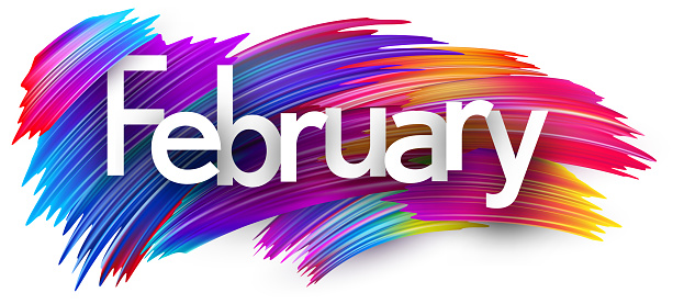 February paper word sign with colorful spectrum paint brush strokes over white. Vector illustration.