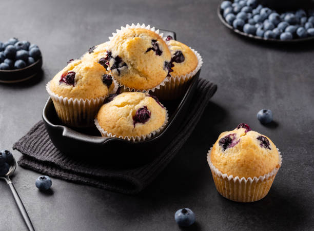 Beautiful blueberry muffins in black baking form with fresh blueberries on dark background. Culinary magazine cover. Postcard design. Close up view.