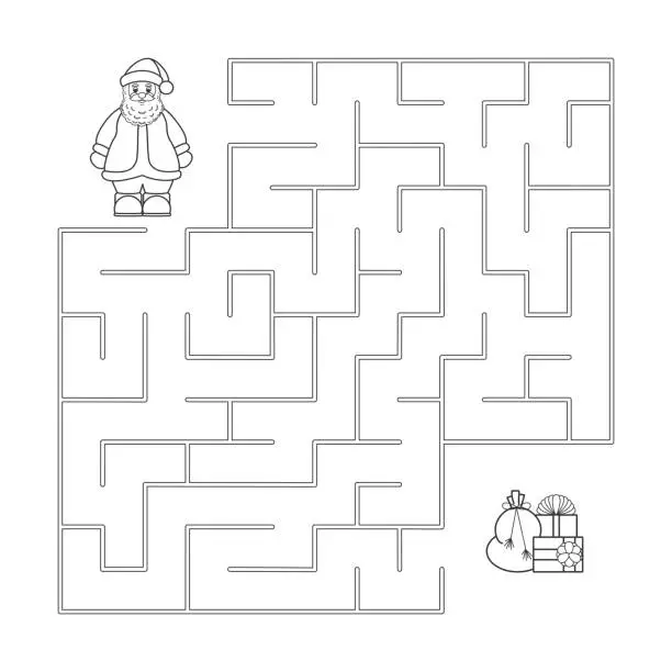 Vector illustration of Black and white vector illustration. Children s educational game finding the right way. Christmas maze is a puzzle. Coloring book. Children s Help Santa Claus find the way to the gifts.