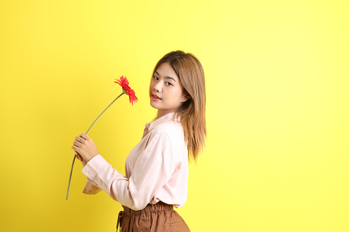 The Asian woman in casual clothes standing on the yellow background.