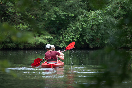 POV Family canoeing on Wapizagonke lake in Parc National de la Mauricie, Quebec, Canada in Summer. The mother and her son are rowing in directions to Chutes Waber Waterfalls.