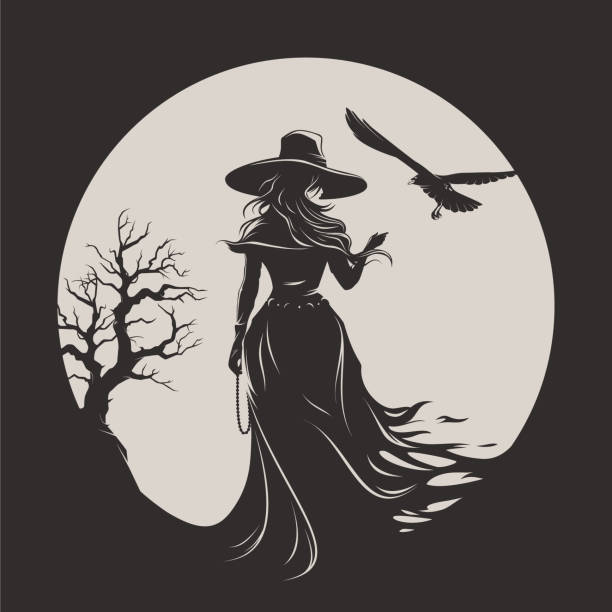 illustrazioni stock, clip art, cartoni animati e icone di tendenza di vista posteriore della donna strega in abito nero e grande cappello magico con corvo sulla luna e sfondo dell'albero. - victorian style women dress night