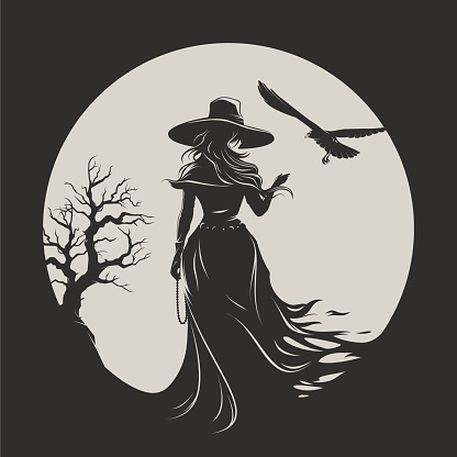 Back view of witch woman in black dress and big magic hat with raven on the moon and tree background.