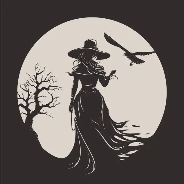 Vector illustration of Back view of witch woman in black dress and big magic hat with raven on the moon and tree background.