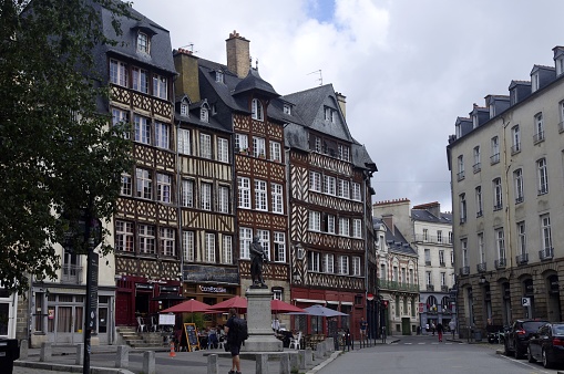 Châlons-en-Champagne, France - June 25 2020: Half-timbered house along the Nau river in the city center.