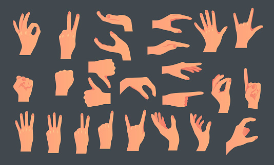 Hand arm finger hold ok pose sign isolated set. Vector flat graphic design