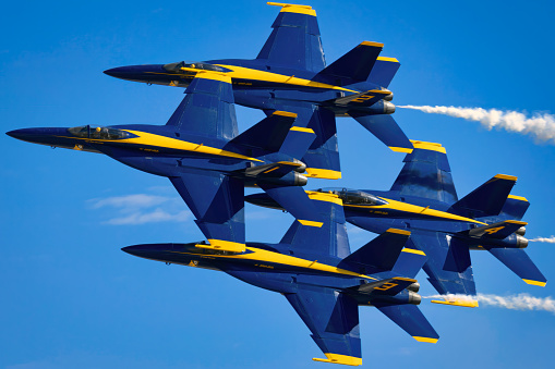 Miramar, USA - October 4, 2014: Miramar, California, USA- October 4, 2014 Blue Angels- The US Navy Flight Demonstration Squadron showing precision flying with their Boeing F/A-18 Hornet aircraft at the 2014 Miramar airshow in California. On this hot day the were many aircraft representing each military branch and displaying their aviation force.