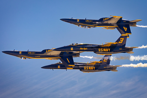 San Diego, California, USA - September 22, 2022: The US Navy Blue Angels perform at the 2022 Miramar Airshow.