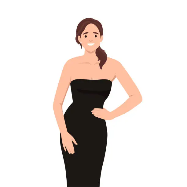 Vector illustration of Vector fashion illustration of a beautiful young woman in a black party dress. Fashion model in a summer outfit.