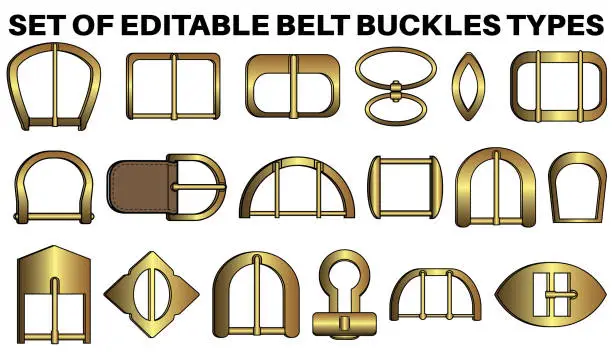 Vector illustration of D ring and Belt buckle flat sketch vector illustration set, different types belt with Frame buckle, berg buckle and ring buckles accessories for belt, jewellery, dress fasteners and Clothing belt
