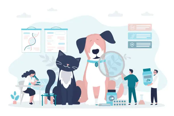 Vector illustration of Team of veterinarians with big domestic dog and cat. Veterinary hospital services, health check center. Vet clinic pet services. Pills and drugs for pets.