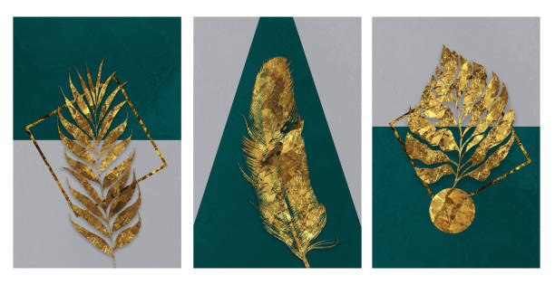 3dキャンバス壁装飾アート。金色の葉と羽。グレイとターコイズの形の背景。モダンなウォールアートの装飾 - collage digital composite textured nature ストックフォトと画像