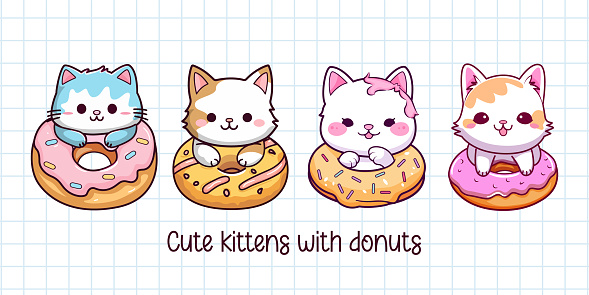 Cute baby kitten with donut. Kids illustration. Vector illustration